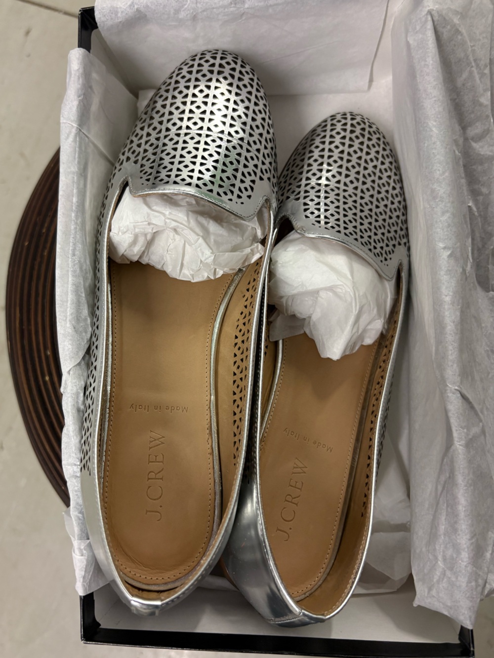 J. Crew Cleo Perforated Mirror Metallic Loafers. Size 9. Like New.